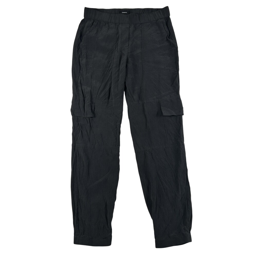 Theory Pants Womens P Black Silk Crepe Jogger Elastic Waist Cargo Petite Utility
